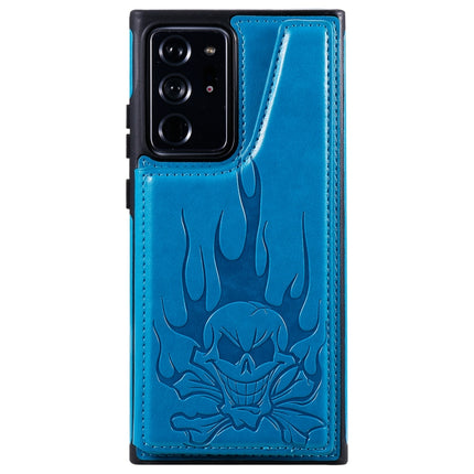 For Samsung Galaxy Note20 Ultra Skull Head Embossing Pattern Shockproof Protective Case with Holder & Card Slots & Wallet(Blue)-garmade.com