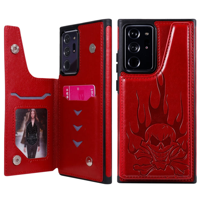 For Samsung Galaxy Note20 Ultra Skull Head Embossing Pattern Shockproof Protective Case with Holder & Card Slots & Wallet(Red)-garmade.com