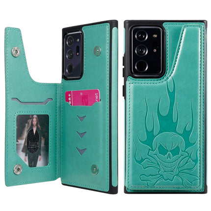 For Samsung Galaxy Note20 Ultra Skull Head Embossing Pattern Shockproof Protective Case with Holder & Card Slots & Wallet(Green)-garmade.com