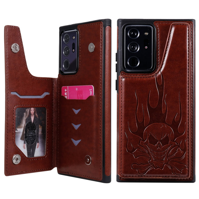 For Samsung Galaxy Note20 Ultra Skull Head Embossing Pattern Shockproof Protective Case with Holder & Card Slots & Wallet(Brown)-garmade.com