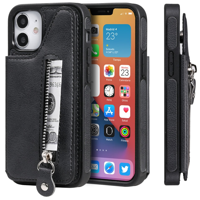 Solid Color Double Buckle Zipper Shockproof Protective Case For iPhone 12 mini(Black)-garmade.com