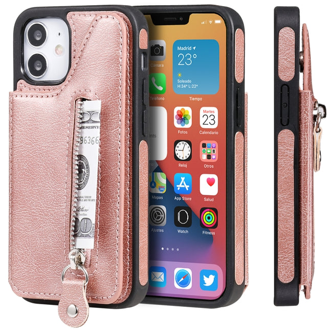 Solid Color Double Buckle Zipper Shockproof Protective Case For iPhone 12 mini(Rose Gold)-garmade.com