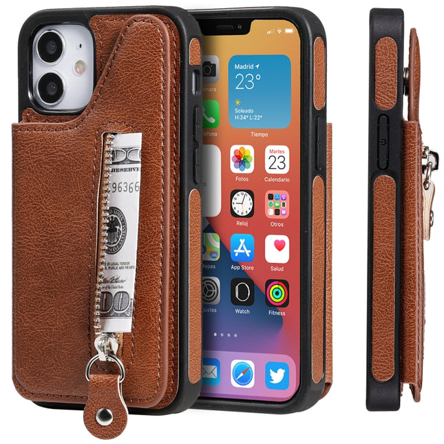 Solid Color Double Buckle Zipper Shockproof Protective Case For iPhone 12 mini(Brown)-garmade.com