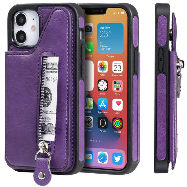 Solid Color Double Buckle Zipper Shockproof Protective Case For iPhone 12 mini(Purple)-garmade.com