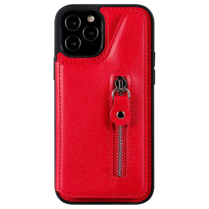 Solid Color Double Buckle Zipper Shockproof Protective Case For iPhone 12 / 12 Pro(Red)-garmade.com