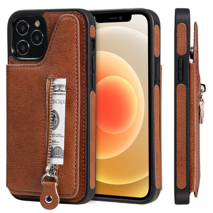 Solid Color Double Buckle Zipper Shockproof Protective Case For iPhone 12 / 12 Pro(Brown)-garmade.com