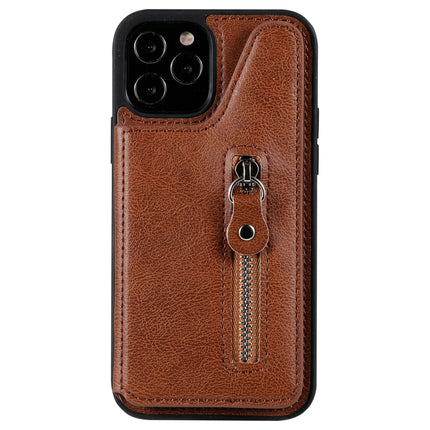 Solid Color Double Buckle Zipper Shockproof Protective Case For iPhone 12 / 12 Pro(Brown)-garmade.com