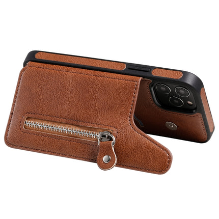 Solid Color Double Buckle Zipper Shockproof Protective Case For iPhone 12 / 12 Pro(Brown)-garmade.com