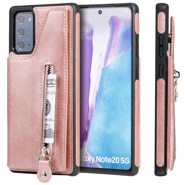 Solid Color Double Buckle Zipper Shockproof Protective Case For Samsung Galaxy Note20(Rose Gold)-garmade.com