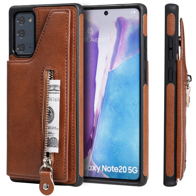 Solid Color Double Buckle Zipper Shockproof Protective Case For Samsung Galaxy Note20(Brown)-garmade.com