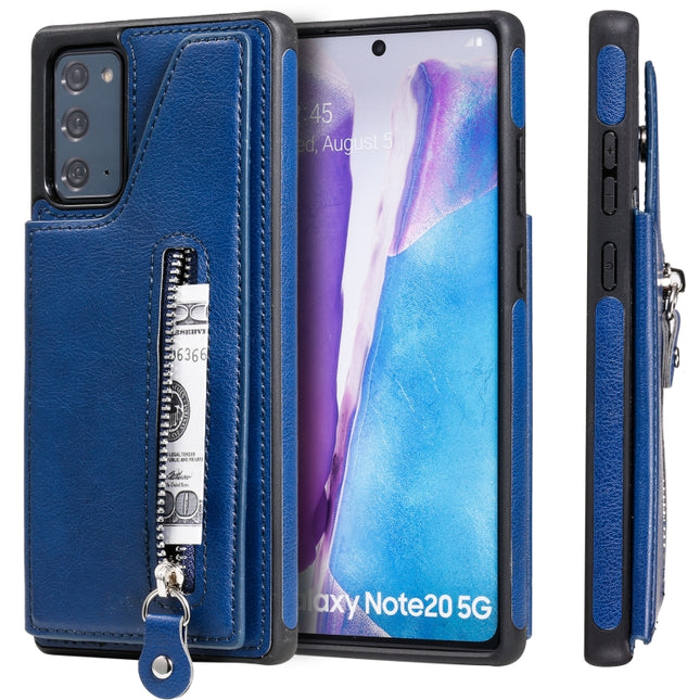 Solid Color Double Buckle Zipper Shockproof Protective Case For Samsung Galaxy Note20(Blue)-garmade.com
