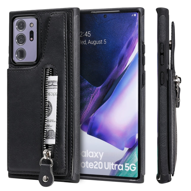 Solid Color Double Buckle Zipper Shockproof Protective Case For Samsung Galaxy Note20 Ultra(Black)-garmade.com