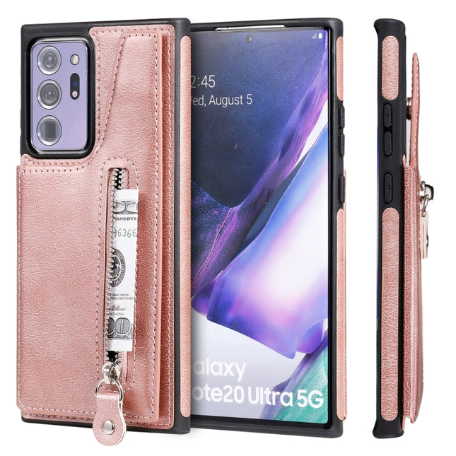 Solid Color Double Buckle Zipper Shockproof Protective Case For Samsung Galaxy Note20 Ultra(Rose Gold)-garmade.com
