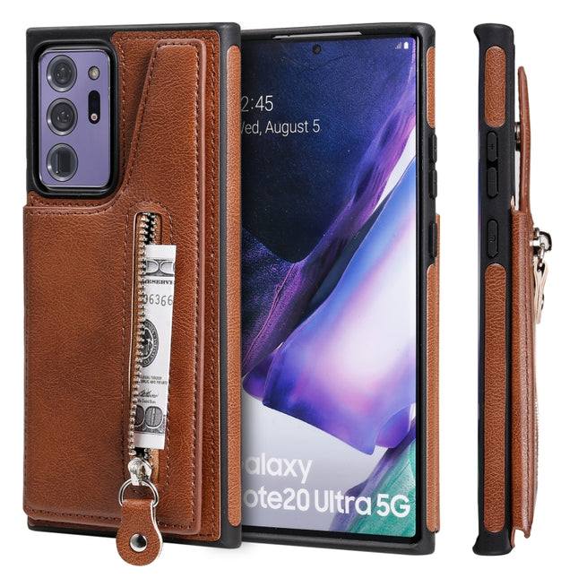 Solid Color Double Buckle Zipper Shockproof Protective Case For Samsung Galaxy Note20 Ultra(Brown)-garmade.com