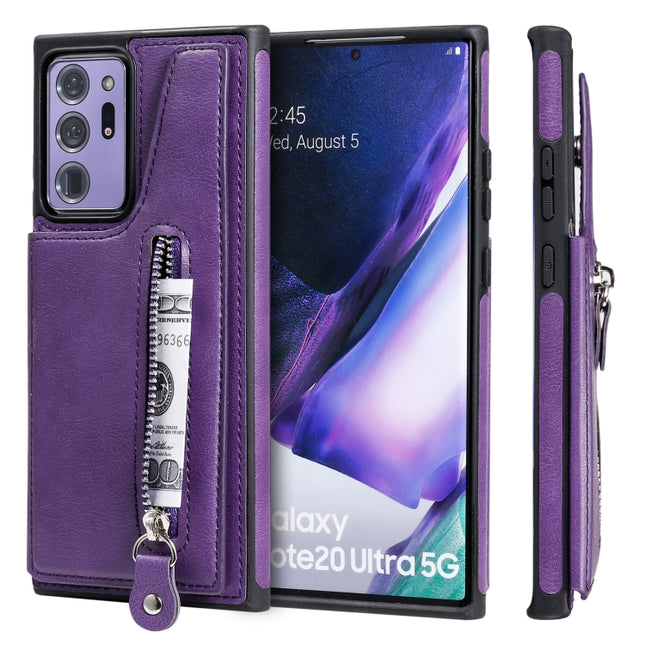 Solid Color Double Buckle Zipper Shockproof Protective Case For Samsung Galaxy Note20 Ultra(Purple)-garmade.com