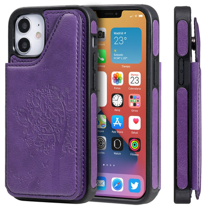 Cat Tree Embossing Pattern Shockproof Protective Case with Card Slots & Photo Frame & Holder For iPhone 12 mini(Purple)-garmade.com