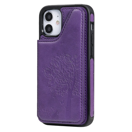 Cat Tree Embossing Pattern Shockproof Protective Case with Card Slots & Photo Frame & Holder For iPhone 12 mini(Purple)-garmade.com