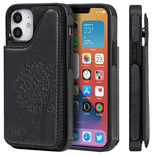 Cat Tree Embossing Pattern Shockproof Protective Case with Card Slots & Photo Frame & Holder For iPhone 12 mini(Black)-garmade.com