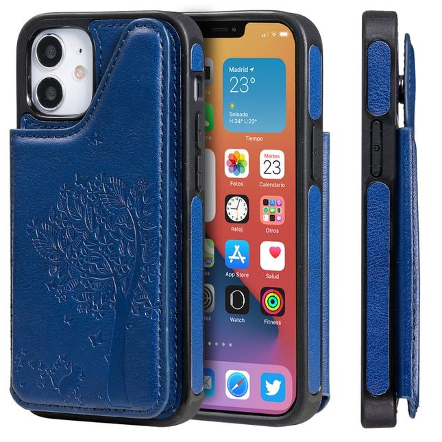 Cat Tree Embossing Pattern Shockproof Protective Case with Card Slots & Photo Frame & Holder For iPhone 12 mini(Blue)-garmade.com