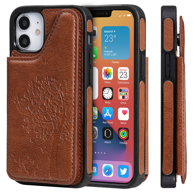 Cat Tree Embossing Pattern Shockproof Protective Case with Card Slots & Photo Frame & Holder For iPhone 12 mini(Brown)-garmade.com