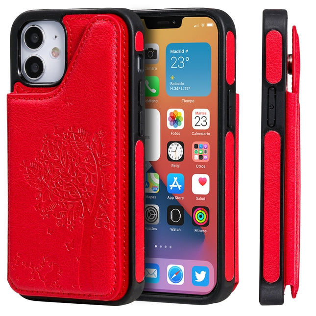 Cat Tree Embossing Pattern Shockproof Protective Case with Card Slots & Photo Frame & Holder For iPhone 12 mini(Red)-garmade.com