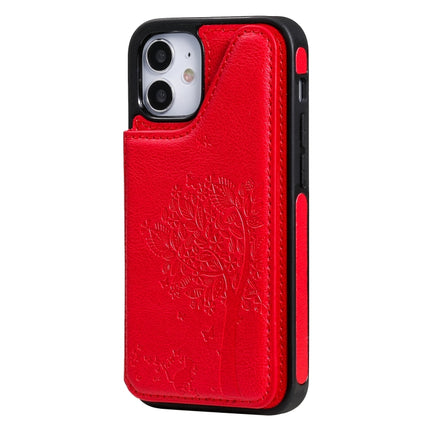 Cat Tree Embossing Pattern Shockproof Protective Case with Card Slots & Photo Frame & Holder For iPhone 12 mini(Red)-garmade.com