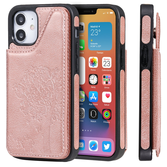 Cat Tree Embossing Pattern Shockproof Protective Case with Card Slots & Photo Frame & Holder For iPhone 12 mini(Rose Gold)-garmade.com