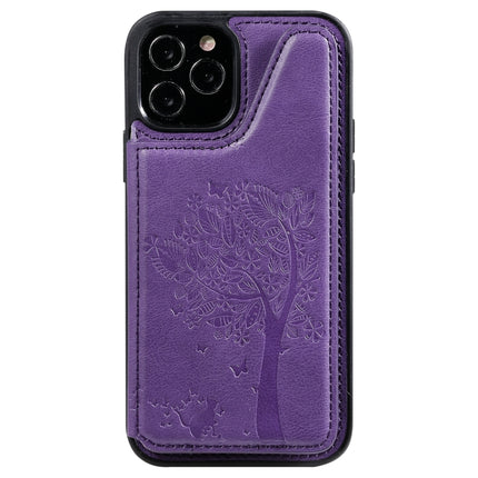 Cat Tree Embossing Pattern Shockproof Protective Case with Card Slots & Photo Frame & Holder For iPhone 12 / 12 Pro(Purple)-garmade.com