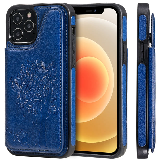 Cat Tree Embossing Pattern Shockproof Protective Case with Card Slots & Photo Frame & Holder For iPhone 12 / 12 Pro(Blue)-garmade.com
