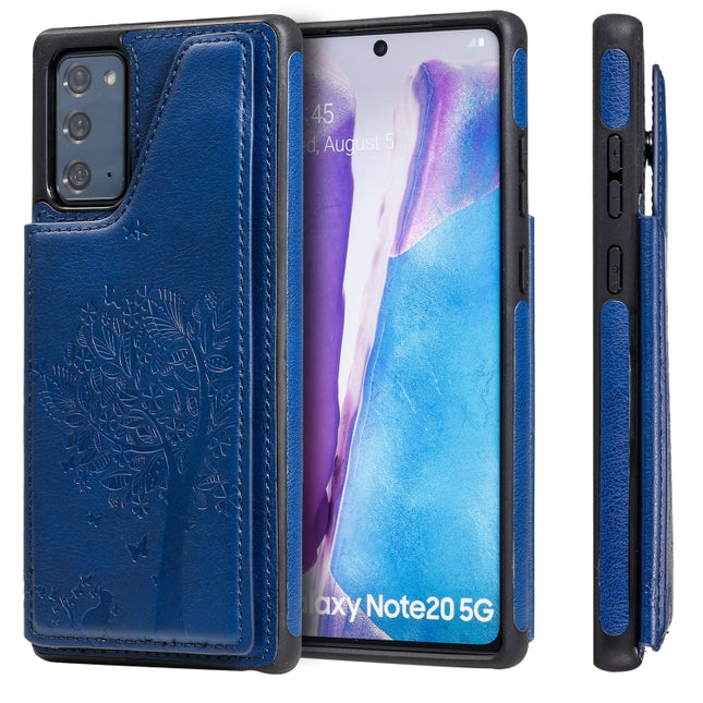 Cat Tree Embossing Pattern Shockproof Protective Case with Card Slots & Photo Frame & Holder For Samsung Galaxy Note20(Blue)-garmade.com