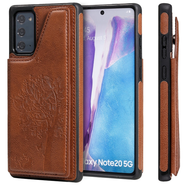 Cat Tree Embossing Pattern Shockproof Protective Case with Card Slots & Photo Frame & Holder For Samsung Galaxy Note20(Brown)-garmade.com