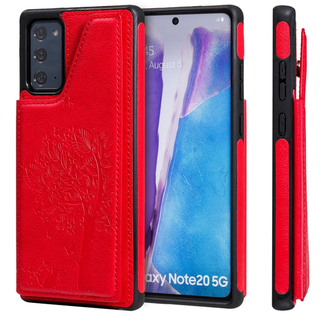 Cat Tree Embossing Pattern Shockproof Protective Case with Card Slots & Photo Frame & Holder For Samsung Galaxy Note20(Red)-garmade.com