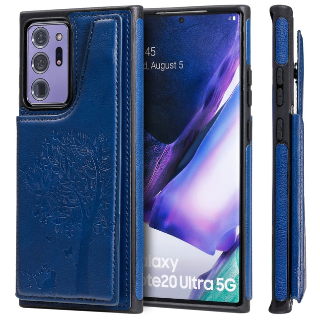 Cat Tree Embossing Pattern Shockproof Protective Case with Card Slots & Photo Frame & Holder For Samsung Galaxy Note20 Ultra(Blue)-garmade.com