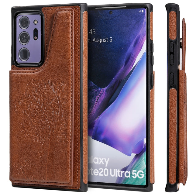 Cat Tree Embossing Pattern Shockproof Protective Case with Card Slots & Photo Frame & Holder For Samsung Galaxy Note20 Ultra(Brown)-garmade.com