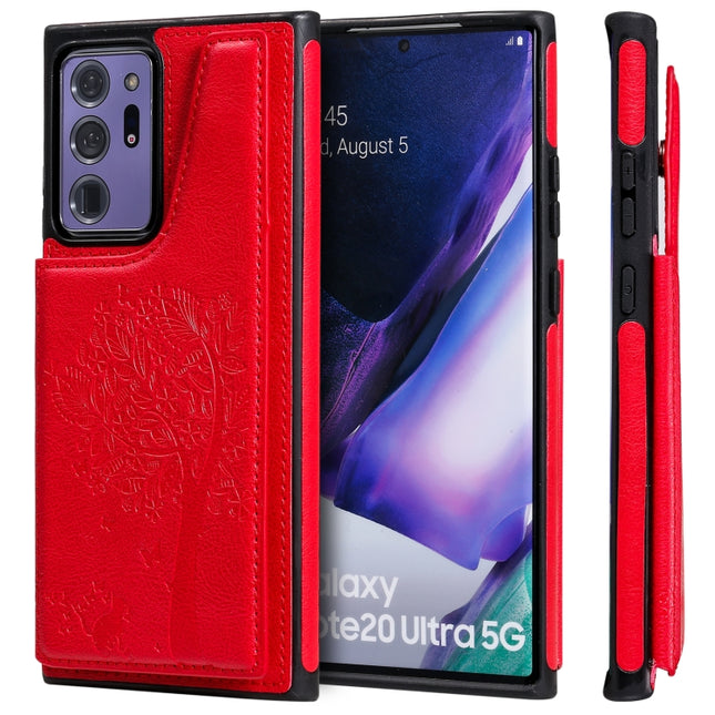 Cat Tree Embossing Pattern Shockproof Protective Case with Card Slots & Photo Frame & Holder For Samsung Galaxy Note20 Ultra(Red)-garmade.com