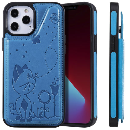 Cat Bee Embossing Pattern Shockproof Protective Case with Card Slots & Photo Frame For iPhone 12 mini(Blue)-garmade.com
