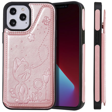 Cat Bee Embossing Pattern Shockproof Protective Case with Card Slots & Photo Frame For iPhone 12 mini(Rose Gold)-garmade.com