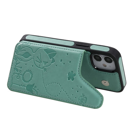 Cat Bee Embossing Pattern Shockproof Protective Case with Card Slots & Photo Frame For iPhone 12 mini (Green)-garmade.com