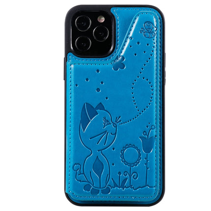 Cat Bee Embossing Pattern Shockproof Protective Case with Card Slots & Photo Frame For iPhone 12 / 12 Pro(Blue)-garmade.com