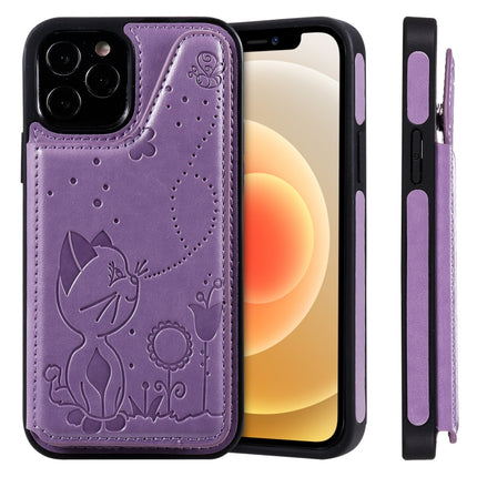 Cat Bee Embossing Pattern Shockproof Protective Case with Card Slots & Photo Frame For iPhone 12 / 12 Pro(Purple)-garmade.com