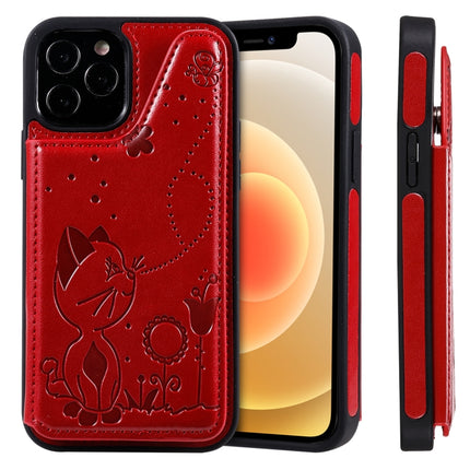 Cat Bee Embossing Pattern Shockproof Protective Case with Card Slots & Photo Frame For iPhone 12 / 12 Pro(Red)-garmade.com