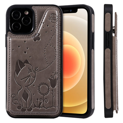 Cat Bee Embossing Pattern Shockproof Protective Case with Card Slots & Photo Frame For iPhone 12 / 12 Pro(Grey)-garmade.com