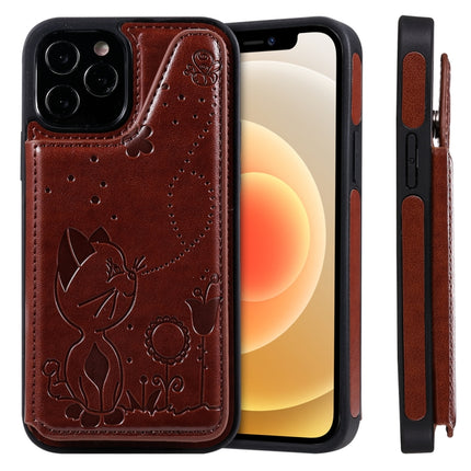 Cat Bee Embossing Pattern Shockproof Protective Case with Card Slots & Photo Frame For iPhone 12 / 12 Pro(Brown)-garmade.com