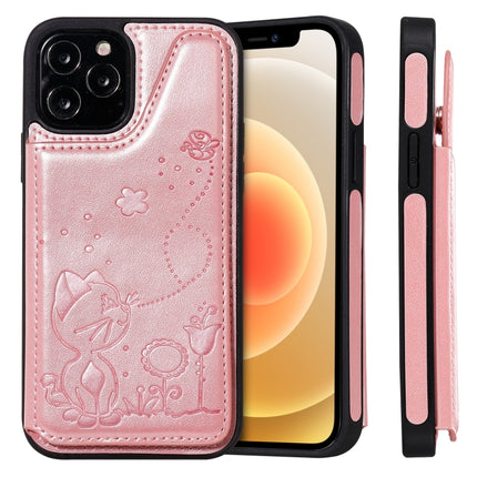 Cat Bee Embossing Pattern Shockproof Protective Case with Card Slots & Photo Frame For iPhone 12 / 12 Pro(Rose Gold)-garmade.com