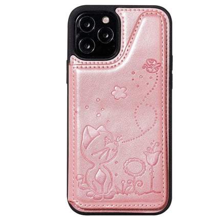 Cat Bee Embossing Pattern Shockproof Protective Case with Card Slots & Photo Frame For iPhone 12 / 12 Pro(Rose Gold)-garmade.com