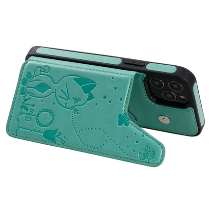 Cat Bee Embossing Pattern Shockproof Protective Case with Card Slots & Photo Frame For iPhone 12 / 12 Pro (Green)-garmade.com
