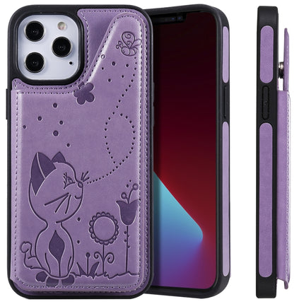 Cat Bee Embossing Pattern Shockproof Protective Case with Card Slots & Photo Frame For iPhone 12 Pro Max(Purple)-garmade.com
