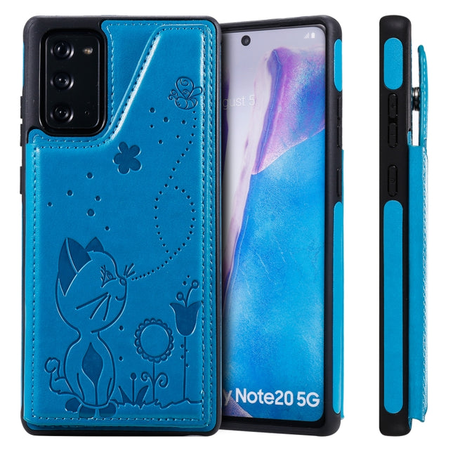 Cat Bee Embossing Pattern Shockproof Protective Case with Card Slots & Photo Frame For Samsung Galaxy Note20(Blue)-garmade.com