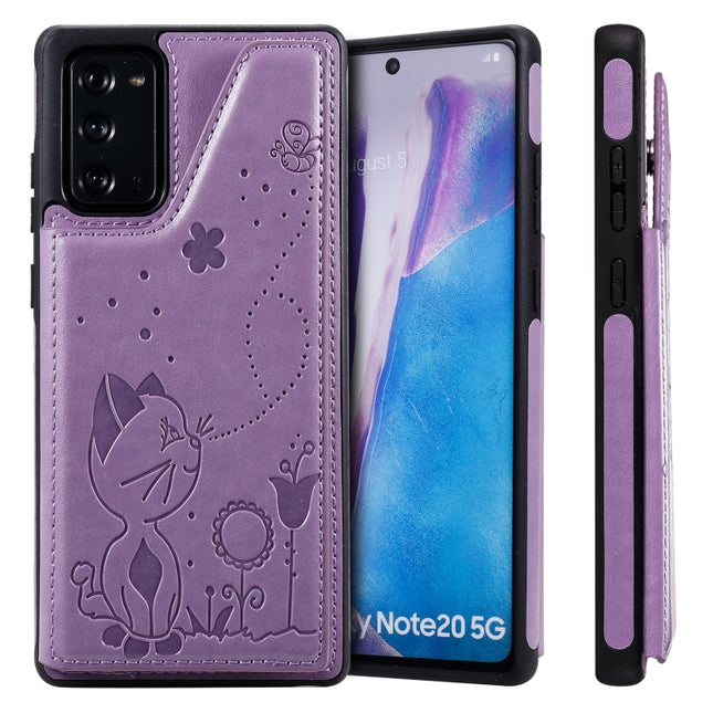 Cat Bee Embossing Pattern Shockproof Protective Case with Card Slots & Photo Frame For Samsung Galaxy Note20(Purple)-garmade.com