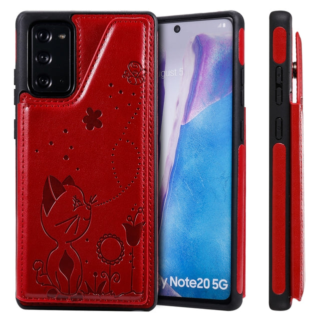 Cat Bee Embossing Pattern Shockproof Protective Case with Card Slots & Photo Frame For Samsung Galaxy Note20(Red)-garmade.com